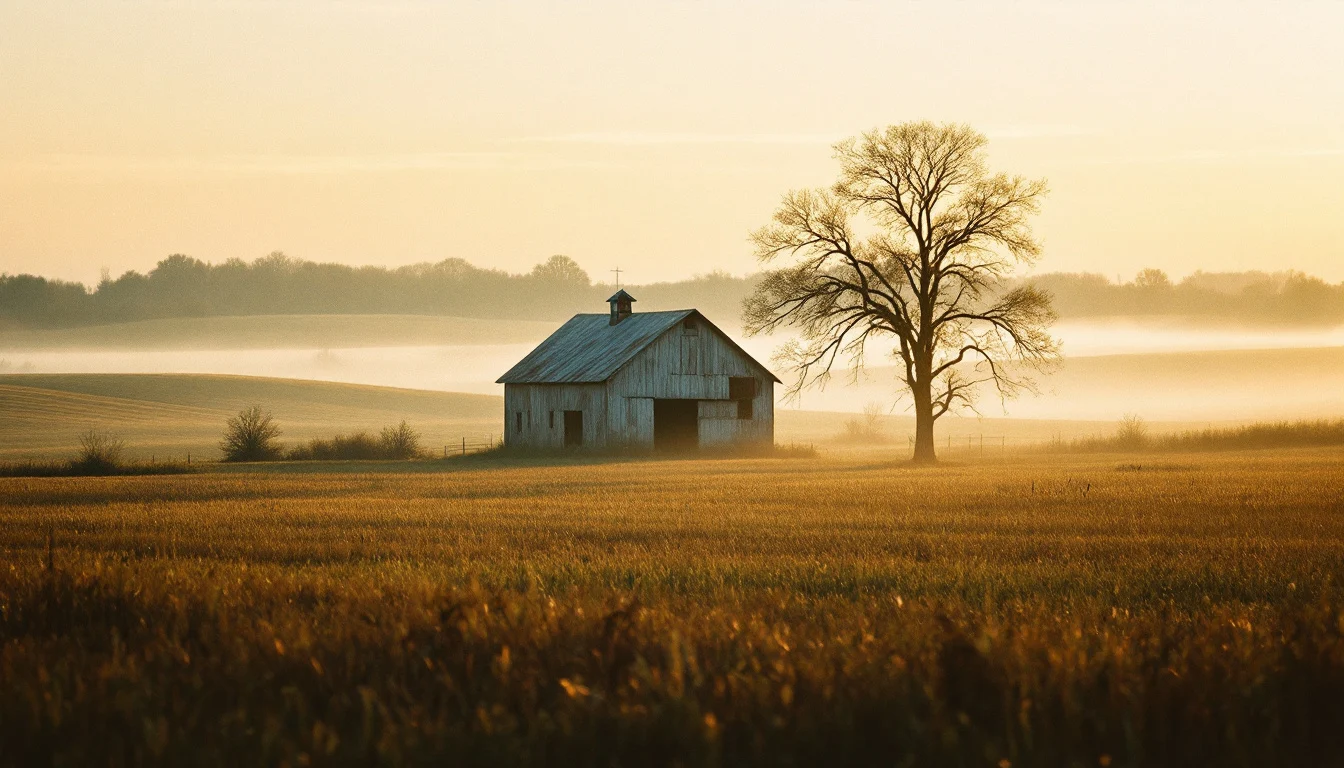 Missouri farmland and a weathered barn at sunrise