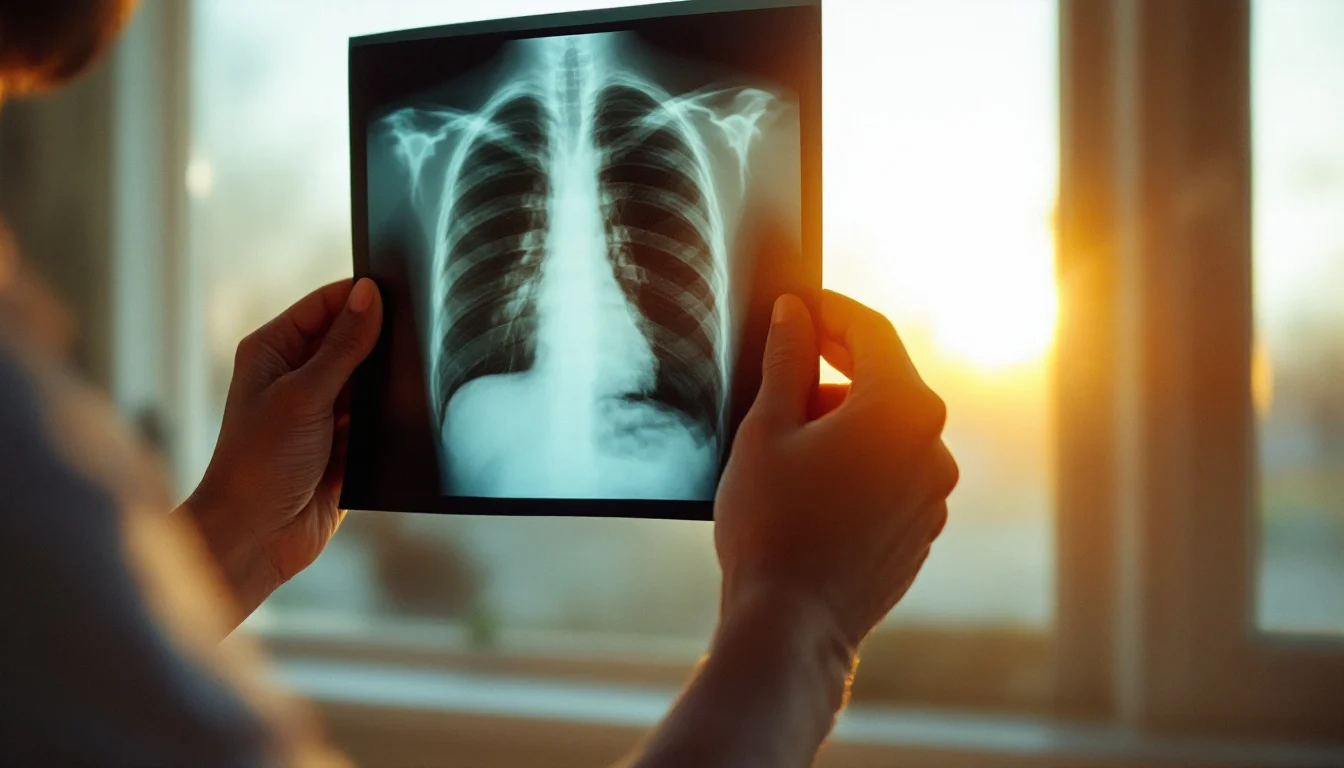 A physician holding a chest X-ray up to a window
