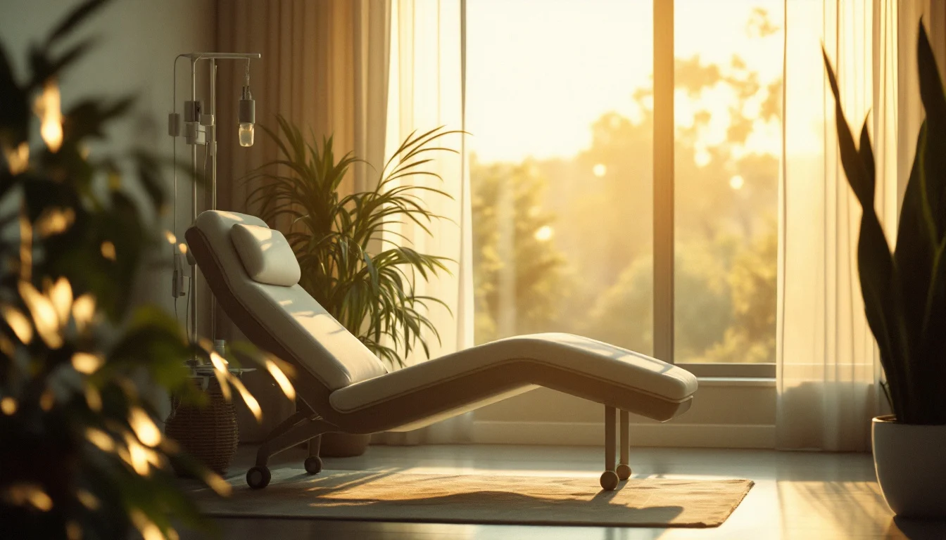 An empty treatment chair in a sunlit infusion room