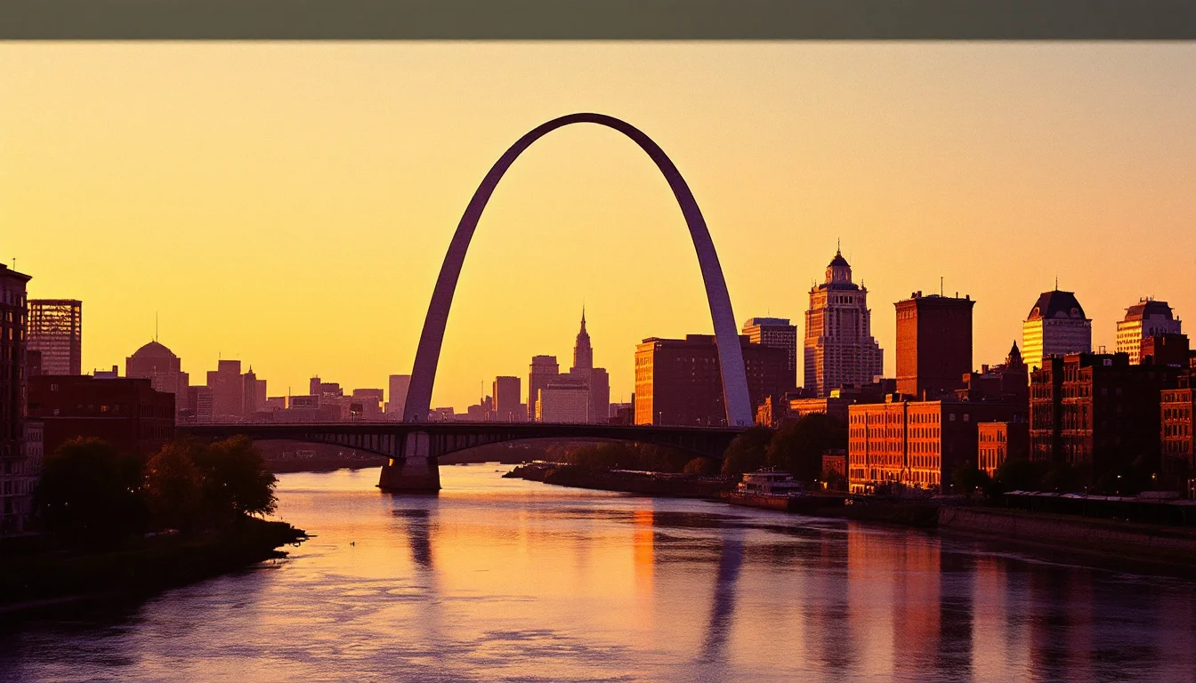 The Gateway Arch and the St. Louis riverfront at golden hour
