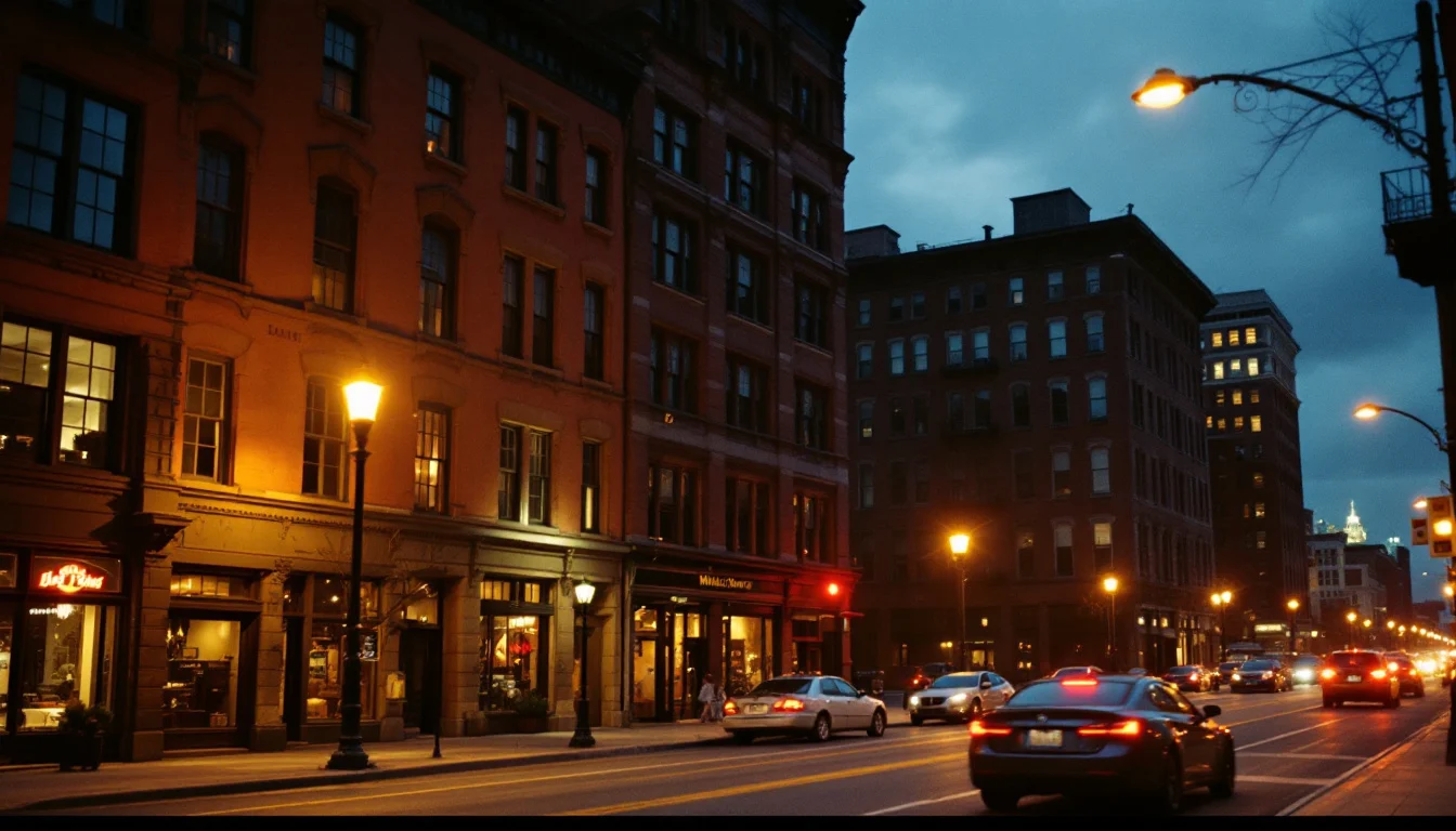 Historic brick loft buildings on a city street at dusk